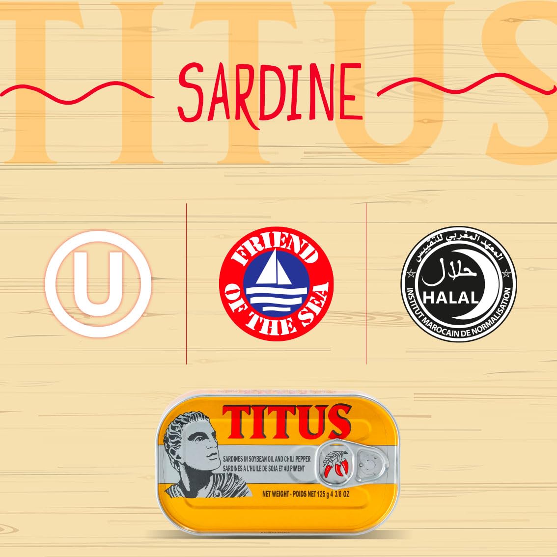 TITUS canned sardines in soybean oil – versatile pantry staple.