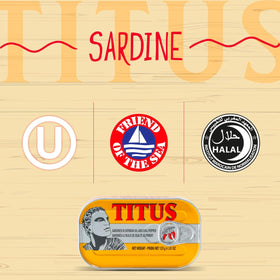 TITUS canned sardines in soybean oil – versatile pantry staple.