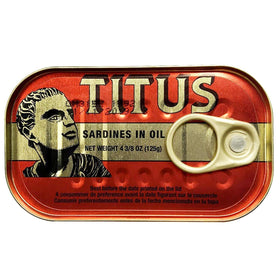 TITUS Sardines in Soybean Oil close-up with label, great for simple pantry meals.