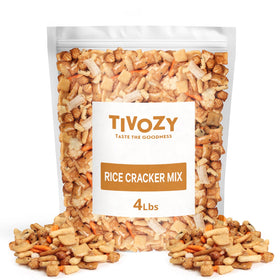 Tivozy Rice Cracker Mix 4lb pack closeup, ideal for party snacking.