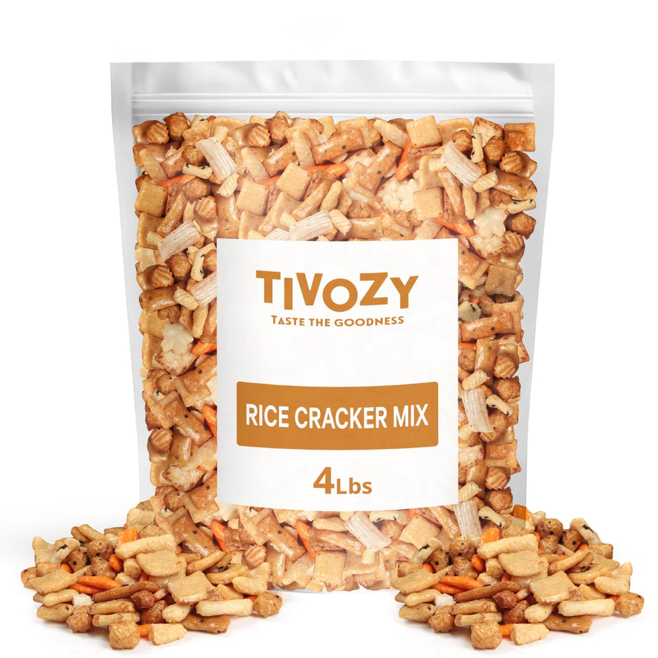Tivozy Rice Cracker Mix 4lb pack closeup, ideal for party snacking.
