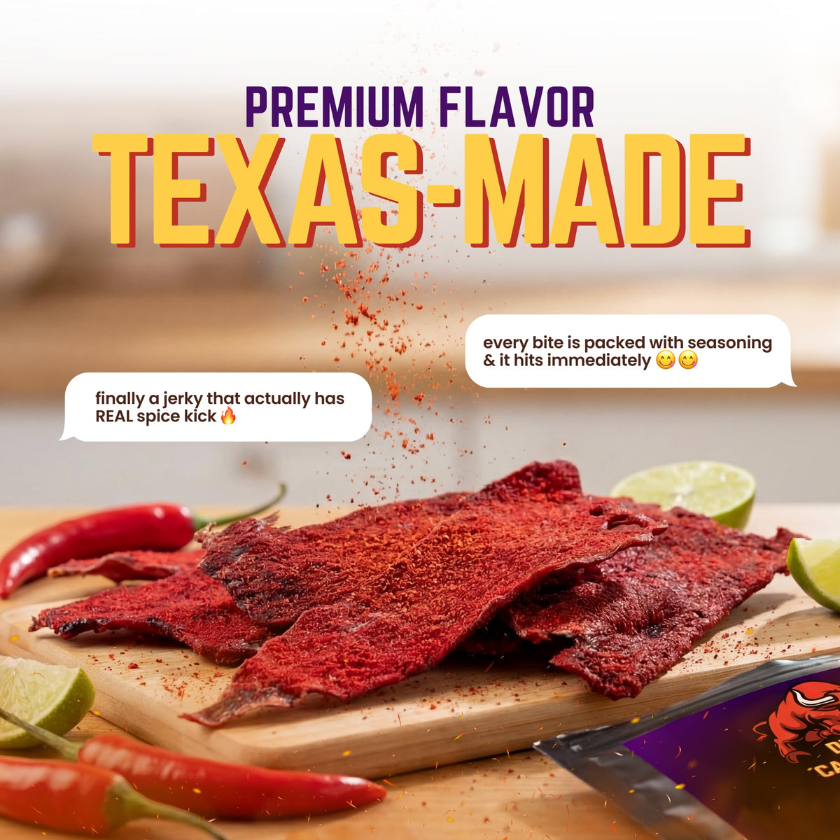 Tizon Lumbre beef jerky in resealable pouch emphasizes freshness and portability