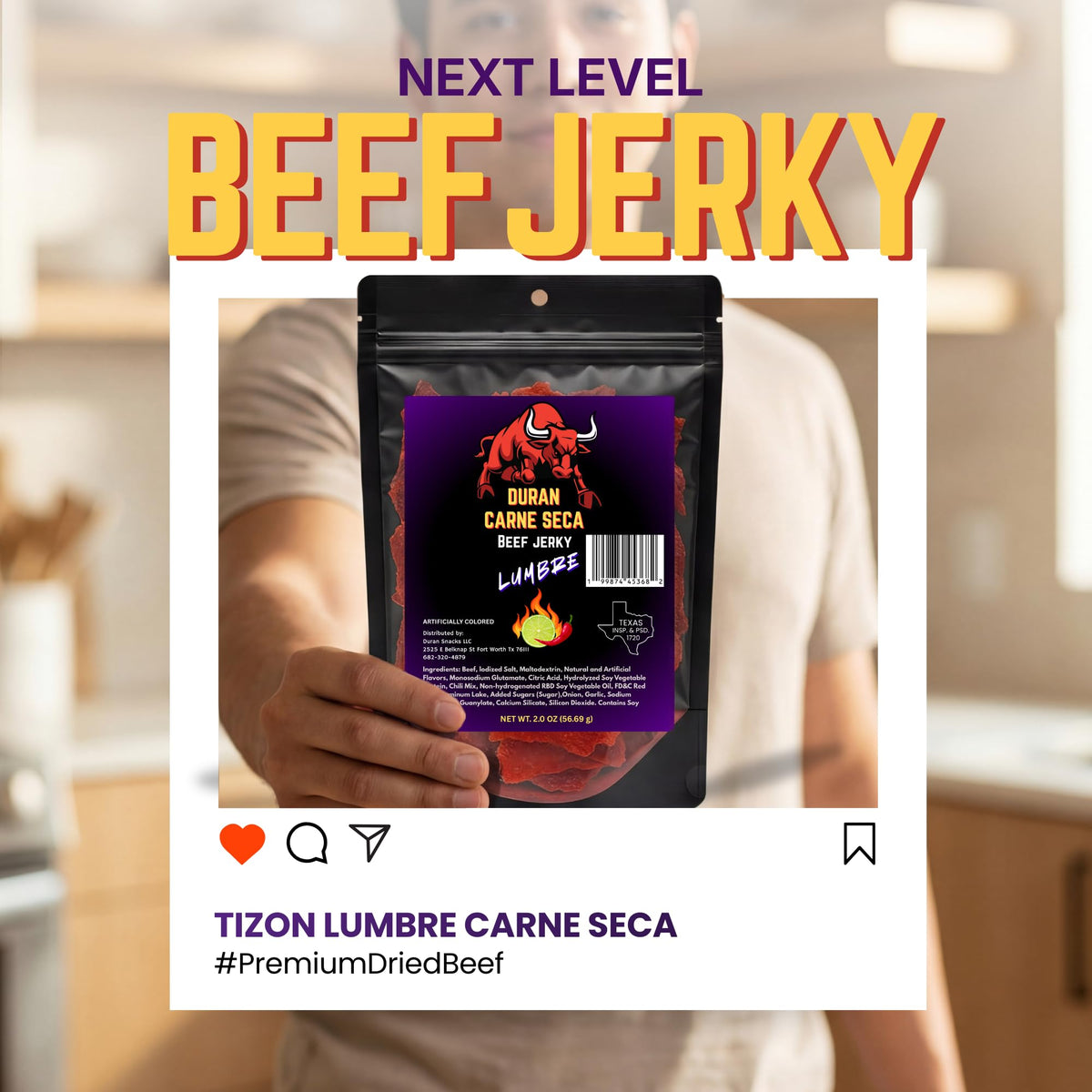 Tizon Lumbre beef jerky Texas-made label signals premium craftsmanship