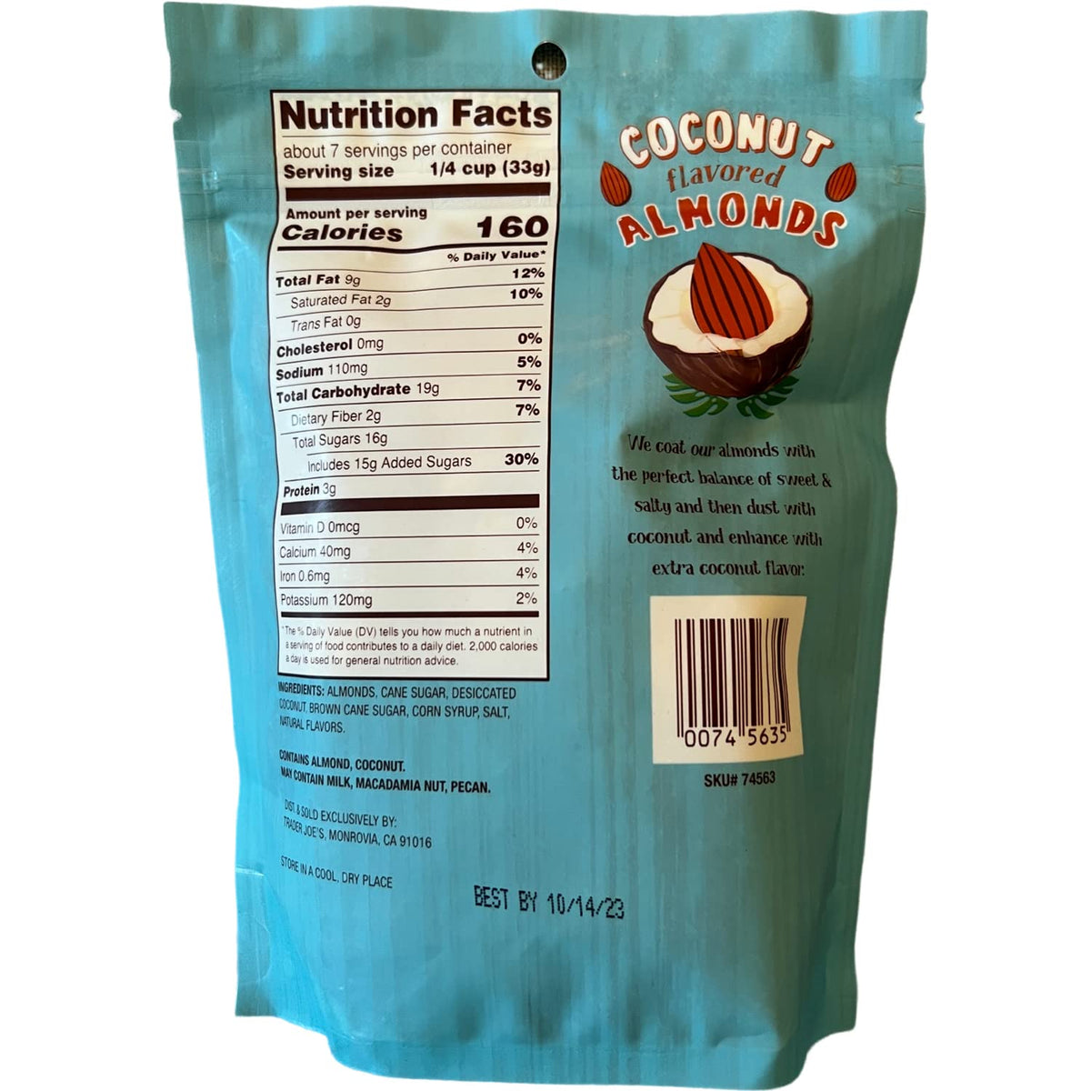 Close-up of TJ's coconut-flavored almonds showing crisp texture and tropical aroma.