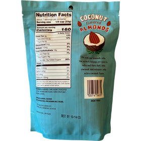 Close-up of TJ's coconut-flavored almonds showing crisp texture and tropical aroma.