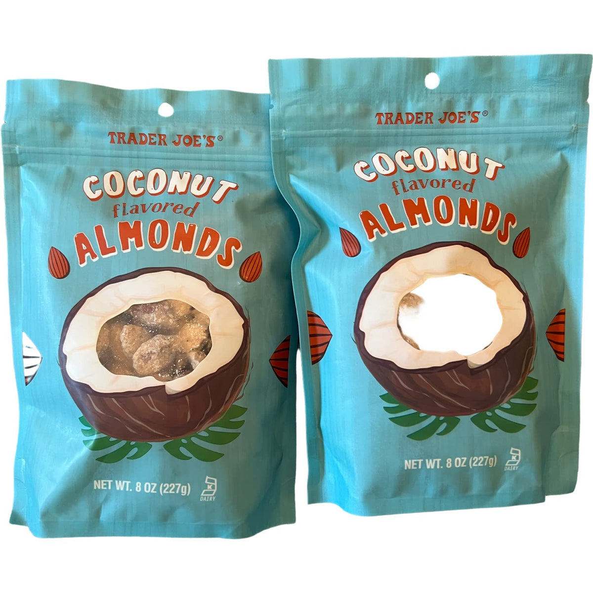 TJ's coconut-flavored almonds two-pack bundle for on-the-go snacking.
