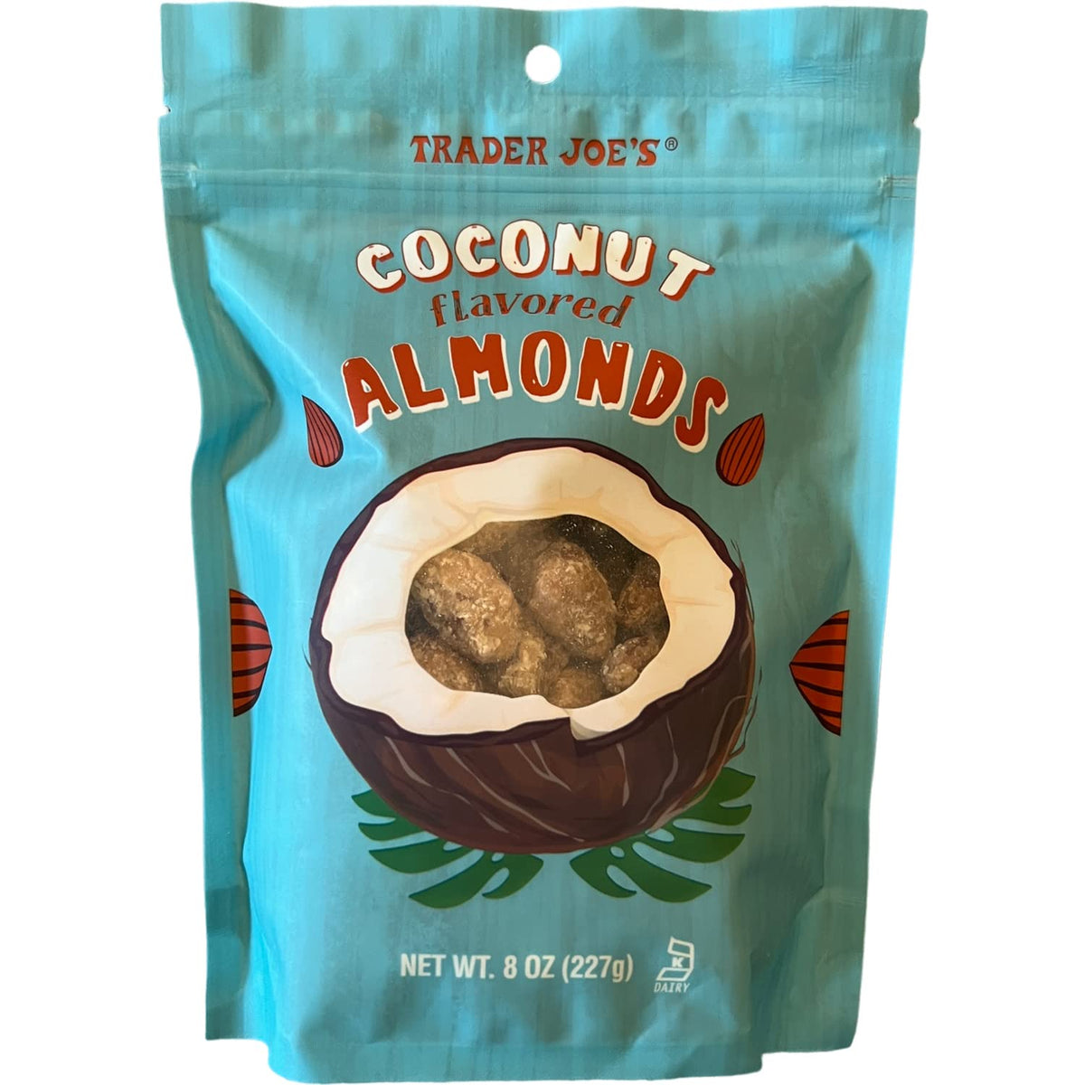TJ's coconut-flavored almonds two-pack ideal for portion-controlled desk or gym snacking.