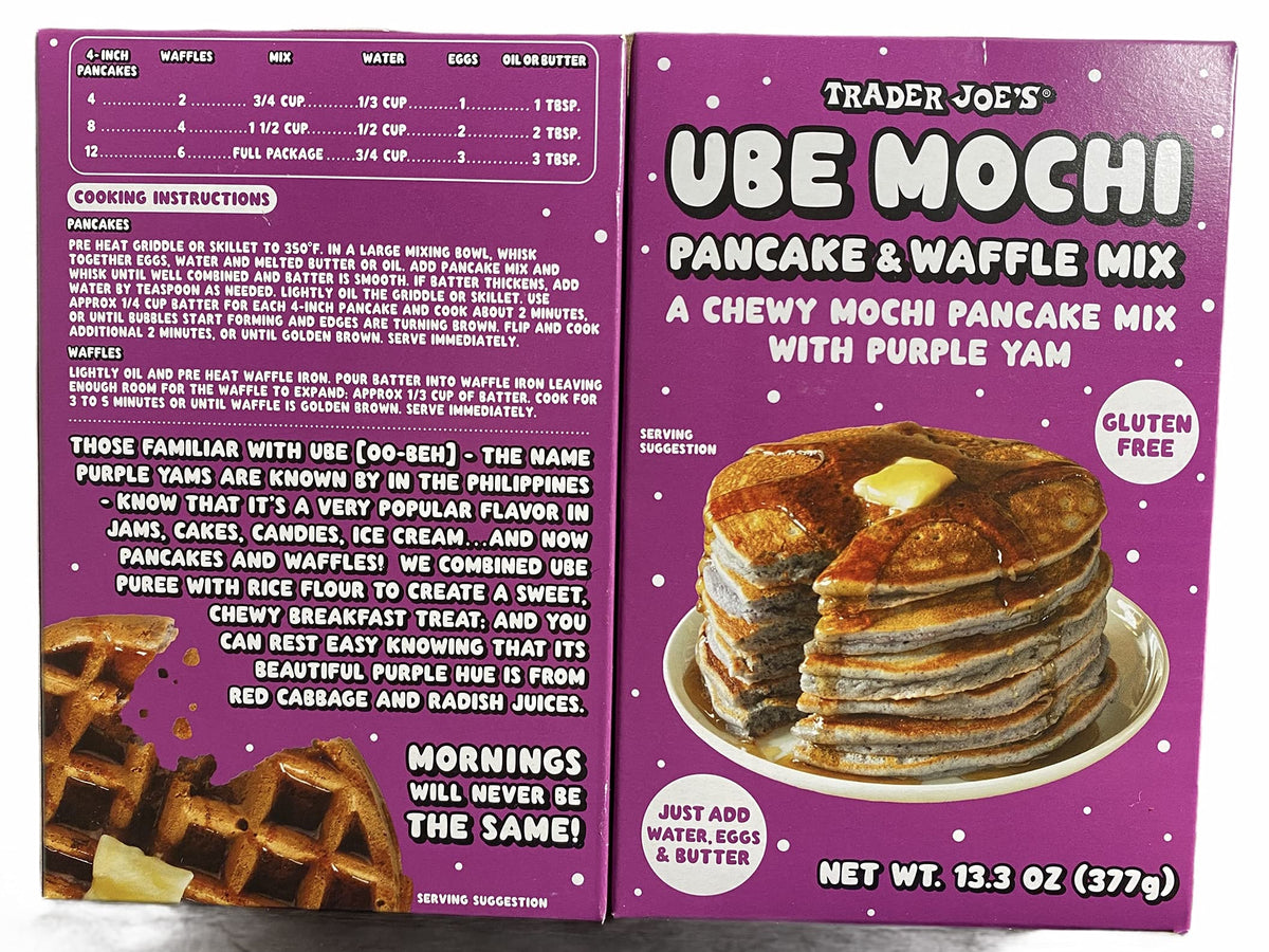 TJ's Ube Mochi Pancake batter being poured for vibrant morning bowls
