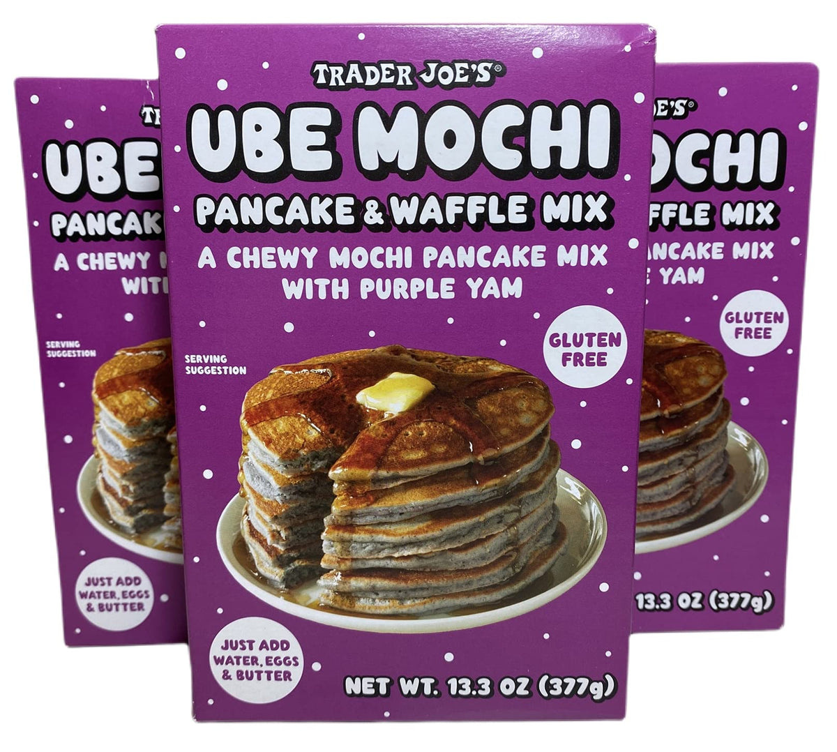 TJ's Ube Mochi Pancake Mix three-pack box for quick breakfasts.