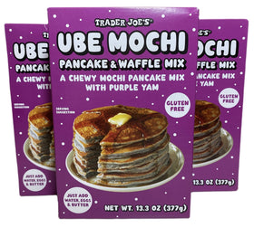 TJ's Ube Mochi Pancake Mix three-pack box for quick breakfasts.