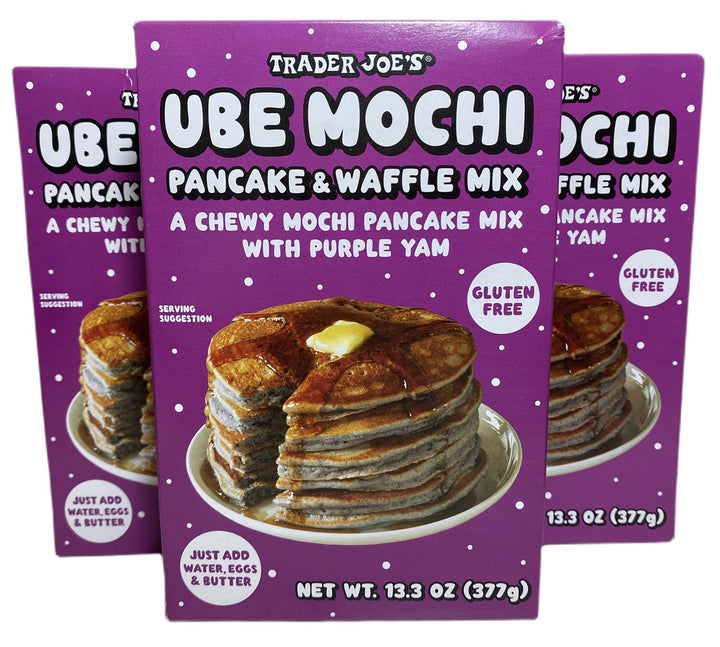 TJ's Ube Mochi Pancake Mix three-pack box for quick breakfasts.
