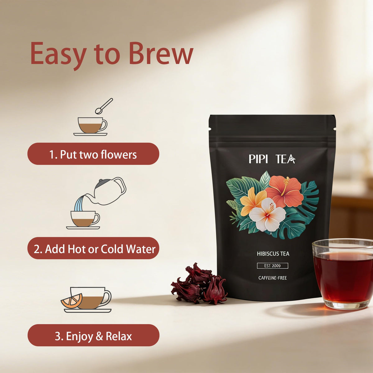 TMKTMK Pipi Hibiscus Tea brewed infusion captures tart, cranberry-like notes perfect for hot or cold.