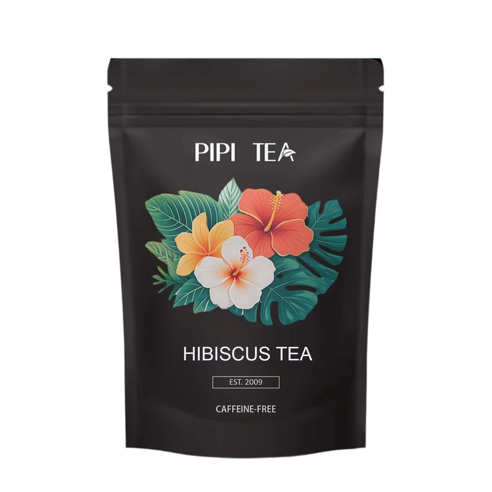 TMKTMK Pipi Hibiscus Tea loose-leaf shows vibrant petals for a caffeine-free, bright infusion.