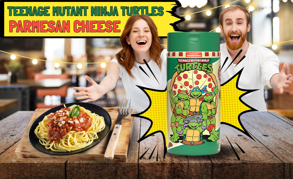 TMNT grated Parmesan shaker topping a pizza slice
