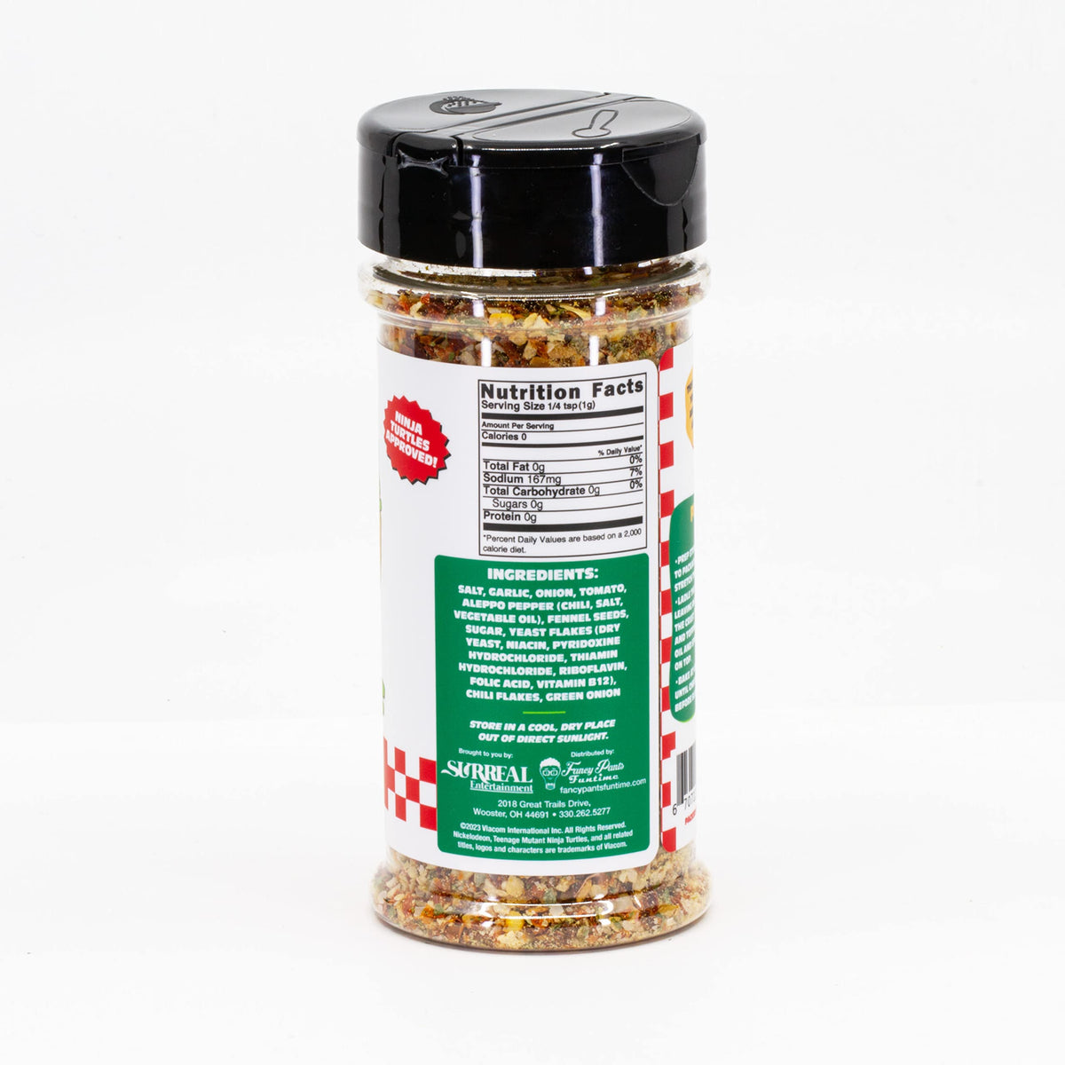 TMNT Pizza Spice label ingredients panel shown for natural, high-quality seasoning