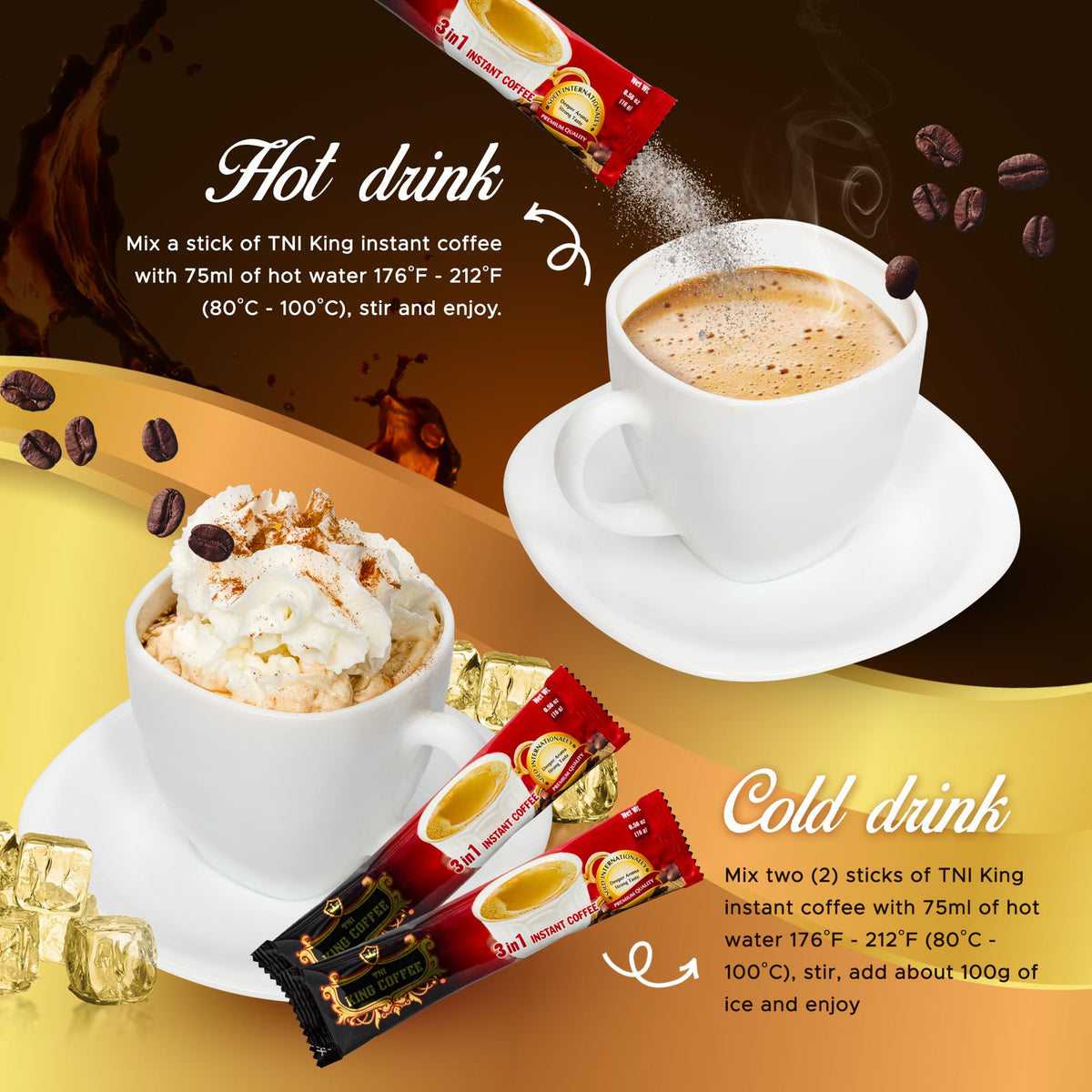 TNI King Coffee 3in1 cream sugar packet ready to blend into a cup