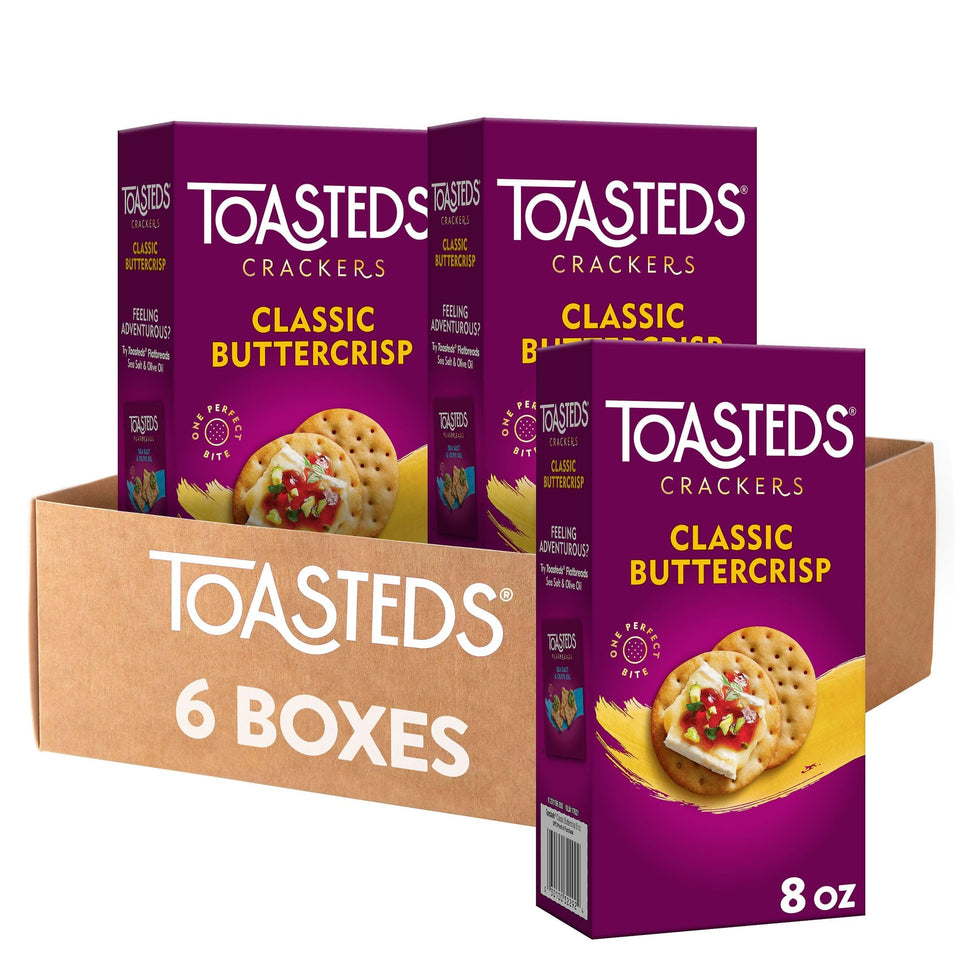 Toasteds Classic Buttercrisp crackers in a box, ideal for quick party snack prep