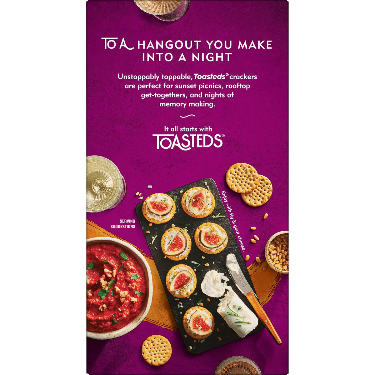 Toasteds Harvest Wheat crackers on a snack board with dips.