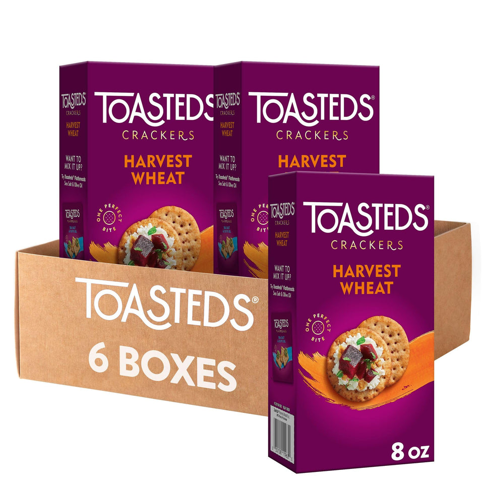Toasteds Harvest Wheat crackers on a party platter, ideal for dips.