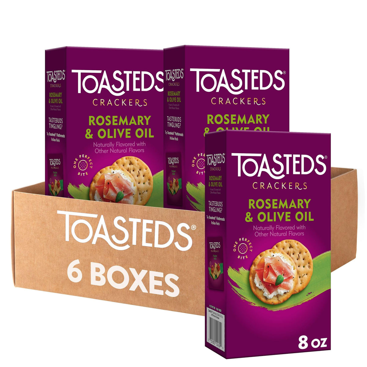 Toasteds Rosemary and Olive Oil crackers box front, ideal for sophisticated entertaining.