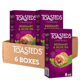 Toasteds Rosemary and Olive Oil crackers box front, ideal for sophisticated entertaining.