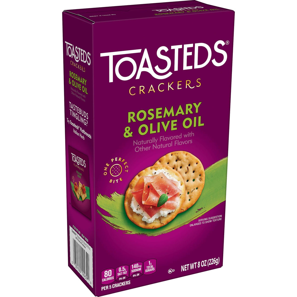 Toasteds crackers ingredient focus highlighting rosemary aroma and olive oil finish.