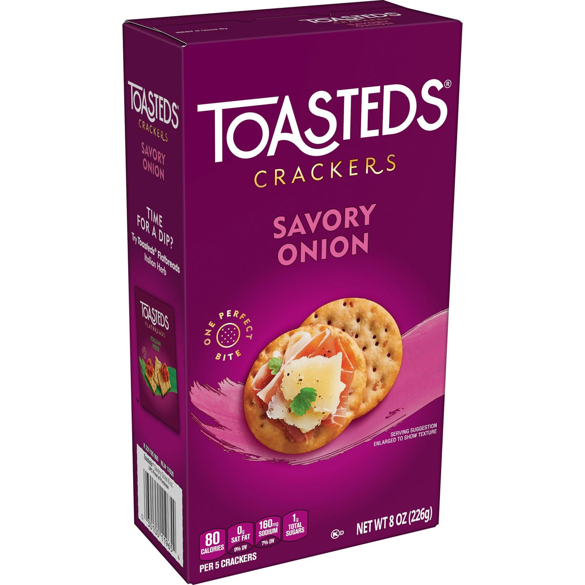 Toasteds Savory Onion crackers close-up showing crisp texture.