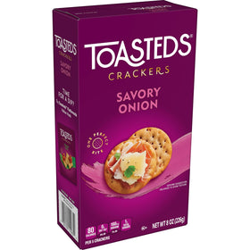 Toasteds Savory Onion crackers close-up showing crisp texture.