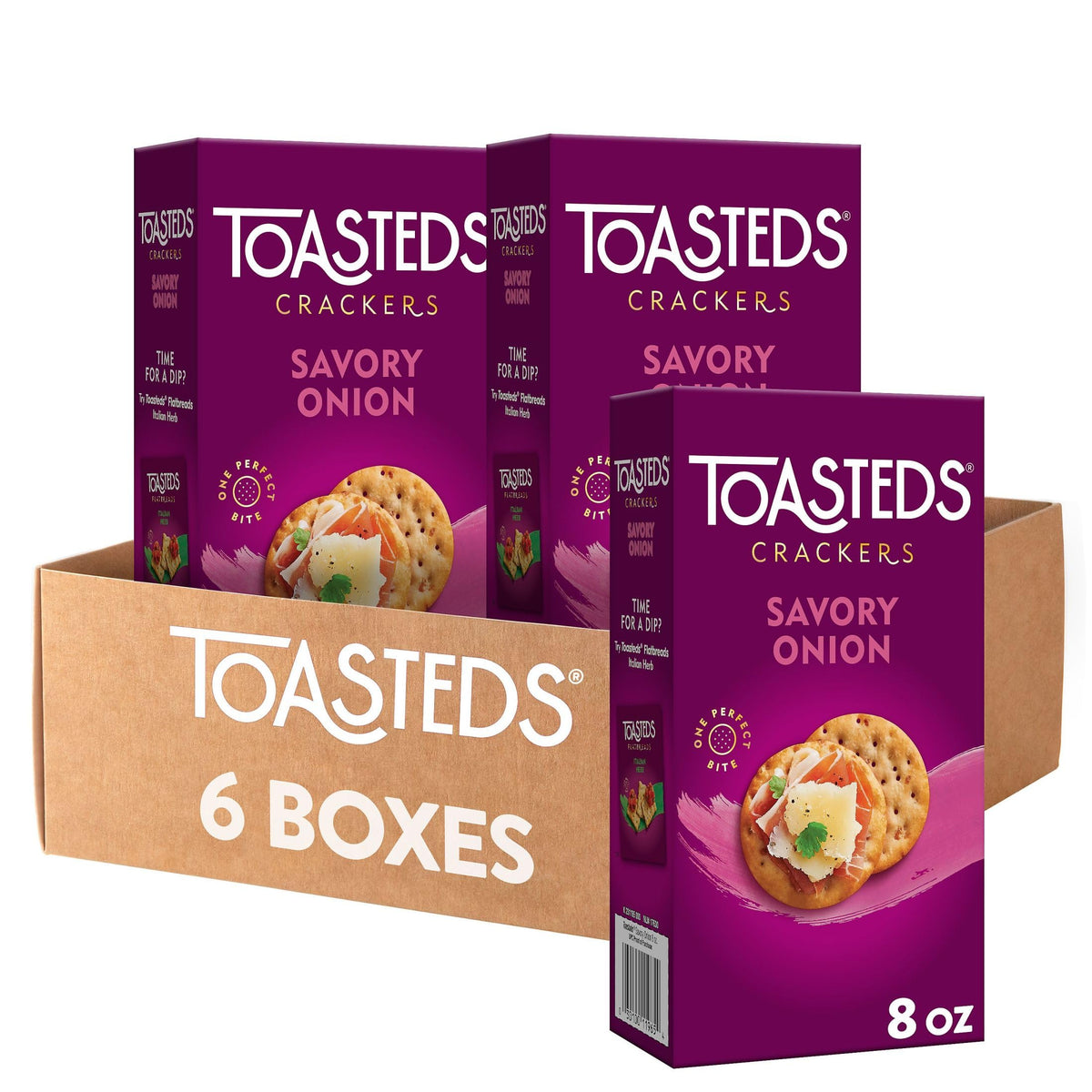 Toasteds Savory Onion crackers pack shot, ideal for quick charcuterie prep.
