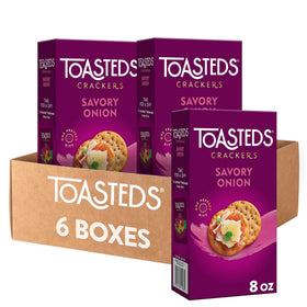 Toasteds Savory Onion crackers pack shot, ideal for quick charcuterie prep.