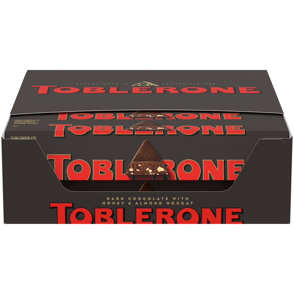 TOBLERONE 20-pack dark chocolate bars with honey and almond nougat for sharing.