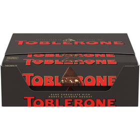 TOBLERONE 20-pack dark chocolate bars with honey and almond nougat for sharing.