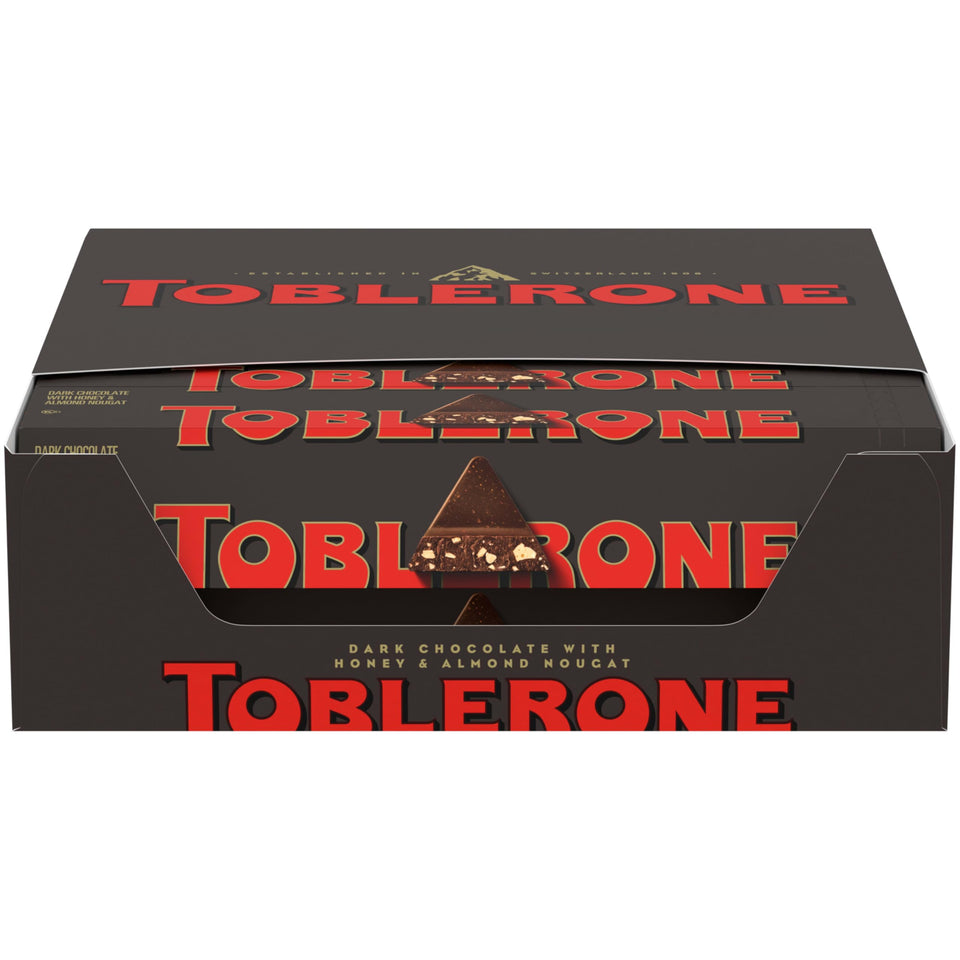 TOBLERONE 20-pack dark chocolate bars with honey and almond nougat for sharing.