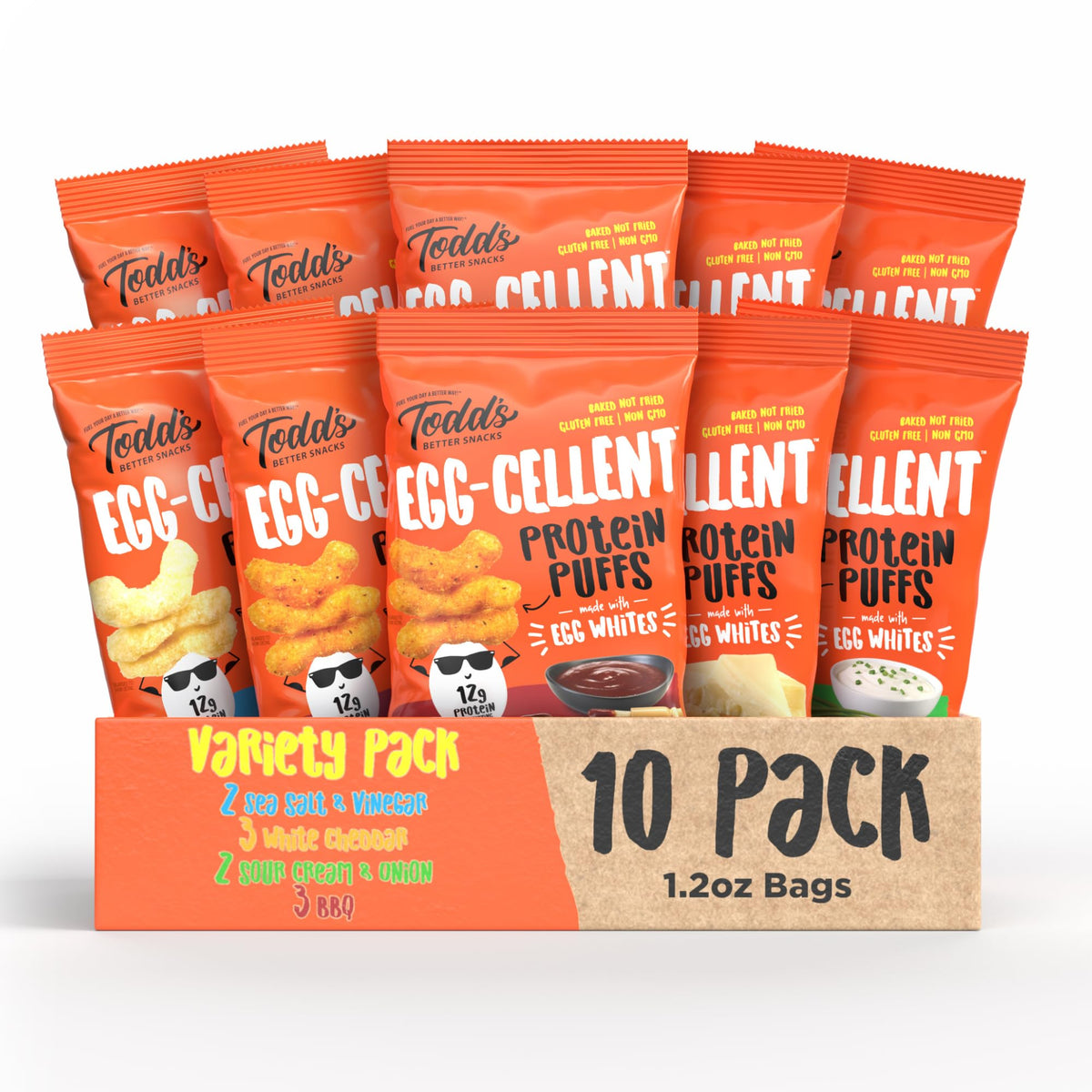 Todd's Better Snacks egg-cellent variety pack bags show gluten-free, protein-packed puffs for on-the-go snacks.