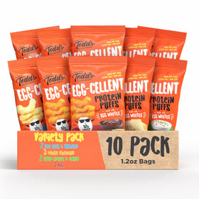 Todd's Better Snacks egg-cellent variety pack bags show gluten-free, protein-packed puffs for on-the-go snacks.