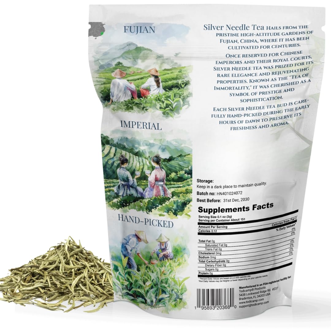 TODICAMP Silver Needle Tea hand-harvest buds, showcasing premium quality for refined flavor.