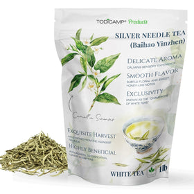 TODICAMP Silver Needle Tea loose-leaf closeup, delicate buds for a calming afternoon ritual.