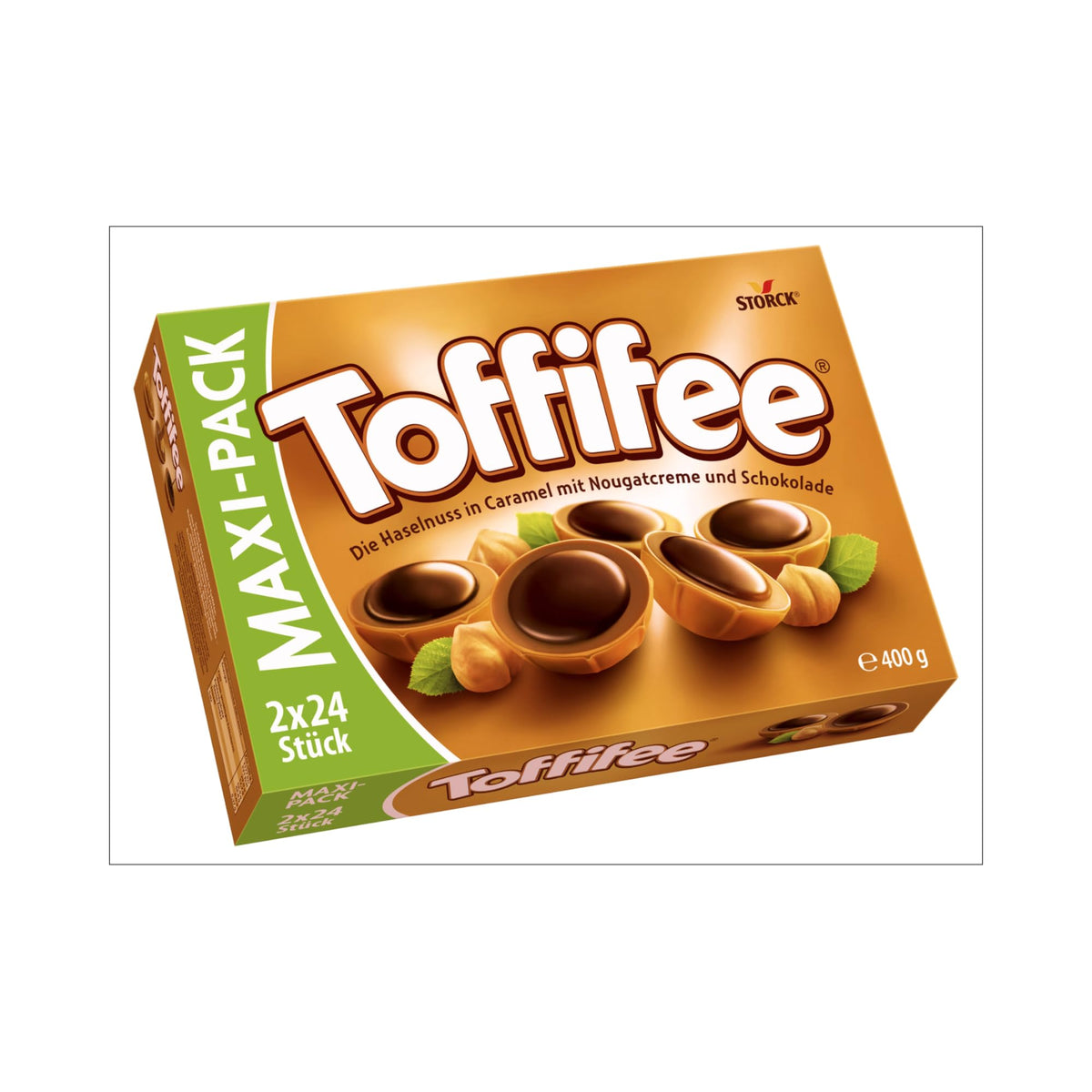 Toffifee 48-piece front view showing the hazelnut caramel center wrapped in chocolate