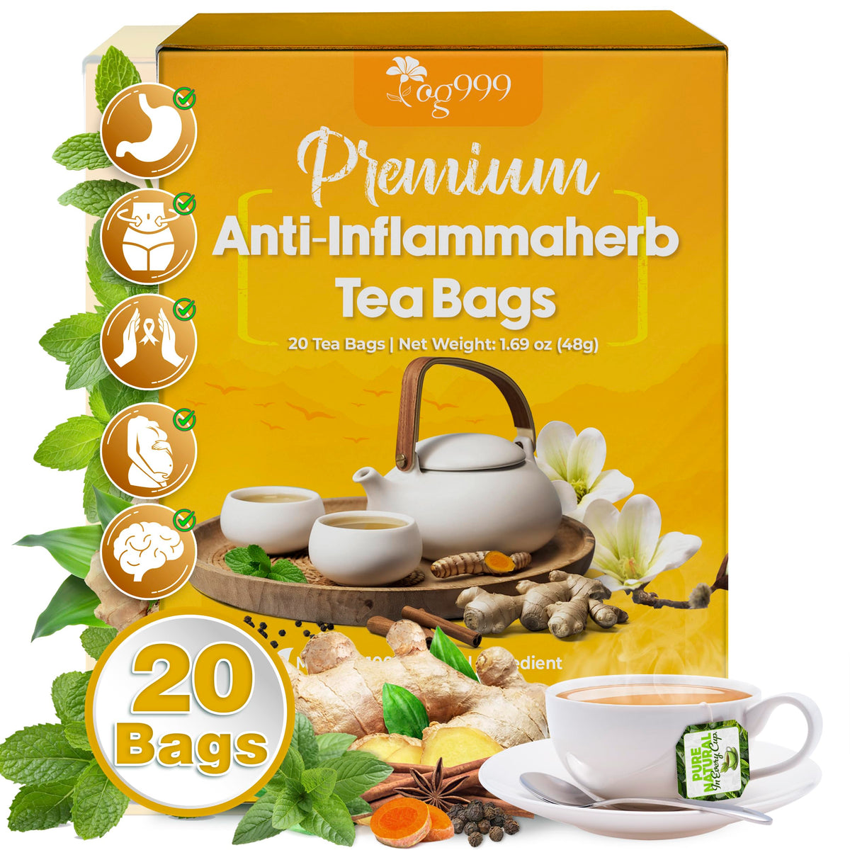 TOG999 Anti-Inflammaheb tea bags in eco-friendly packaging show natural ingredients