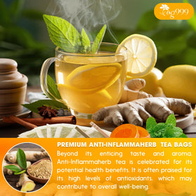 Steam rises from TOG999 Anti-Inflammaheb tea as it brews