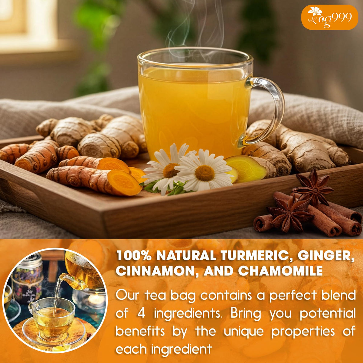 TOG999 closeup turmeric-ginger-cinnamon shows vibrant ingredients and premium quality.