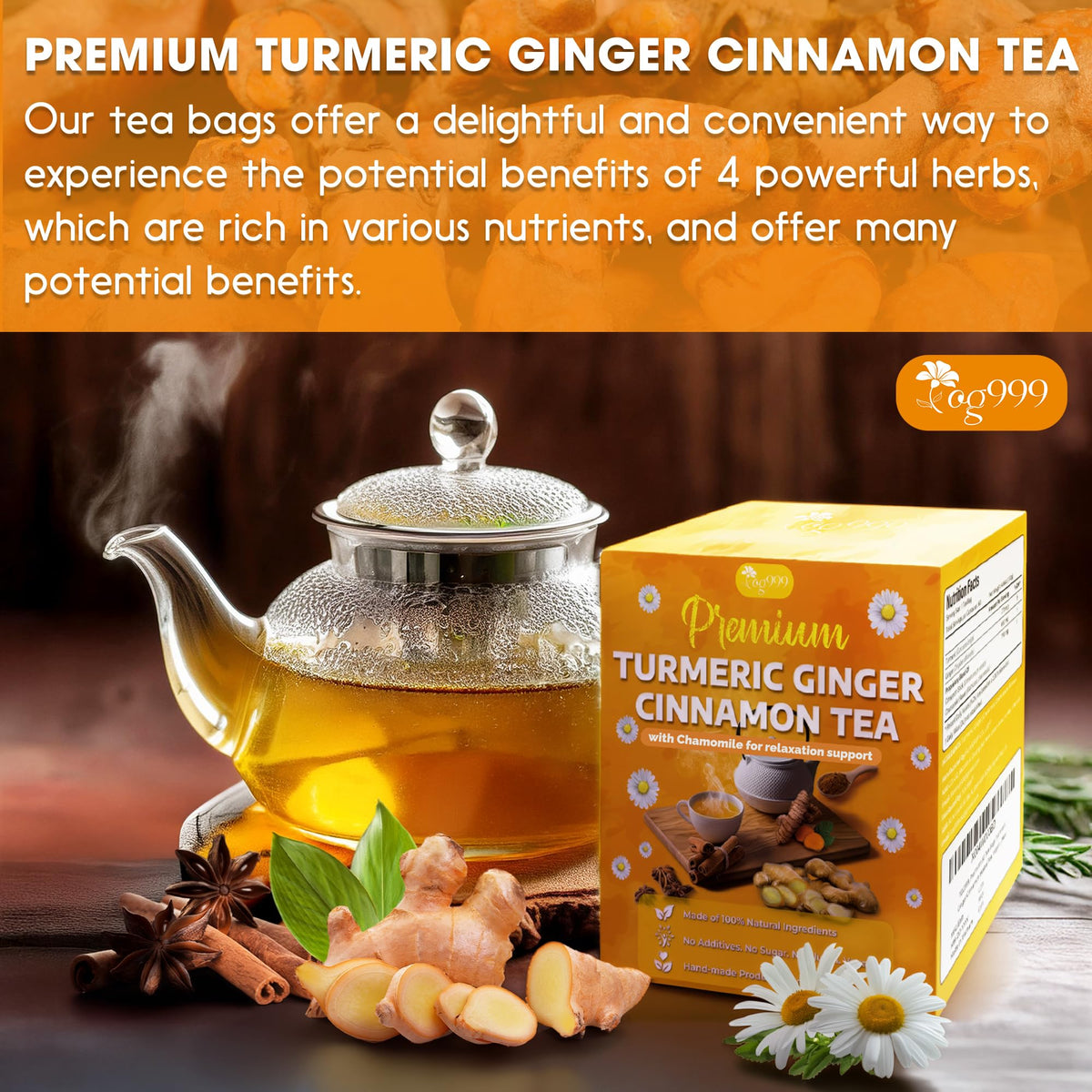 TOG999 daily relaxation tea ritual demonstrates convenient, caffeine-free comfort.