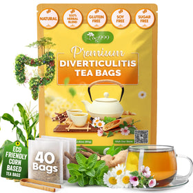 TOG999 diverticulitis tea bags in a cup with chamomile aroma for gentle relaxation.