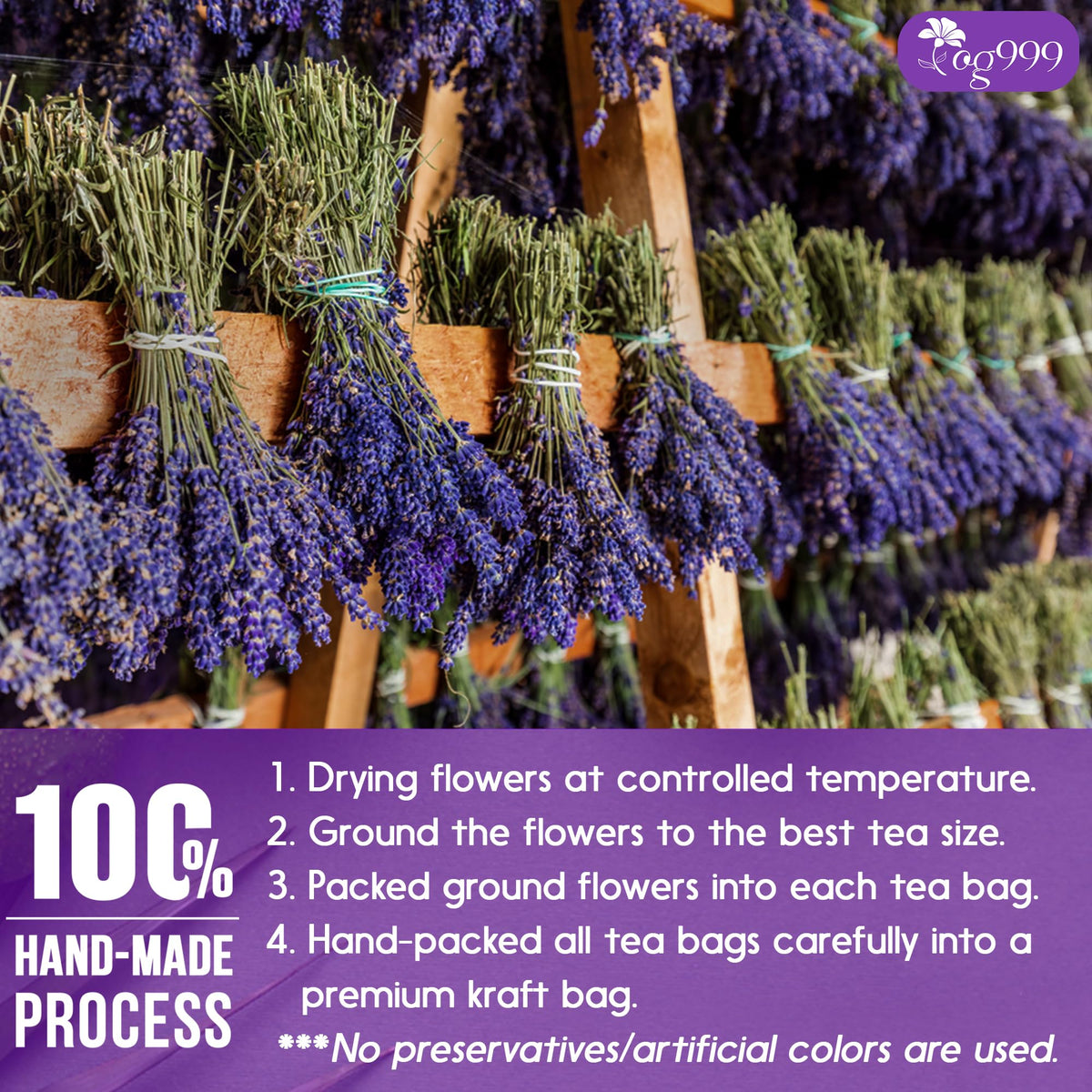 TOG999 dried lavender flowers close-up indicating artisanal processing