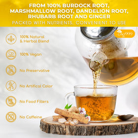 Cup of TOG999 Essiac tea shows warm aroma and caffeine-free comfort