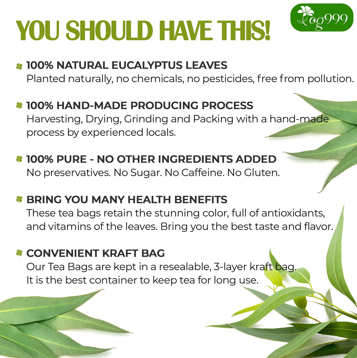 TOG999 eucalyptus leaves close-up, showing natural, pesticide-free harvest.