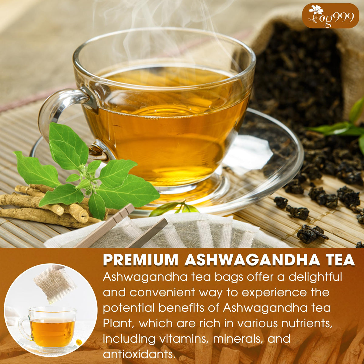 TOG999 glass teapot pouring amber Ashwagandha tea