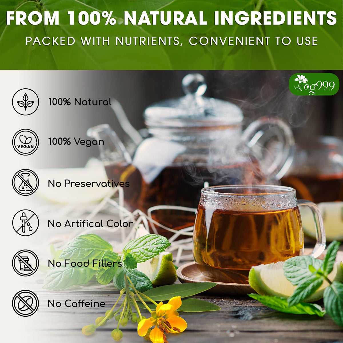 TOG999 handmade tea bags in a resealable bag emphasizing purity