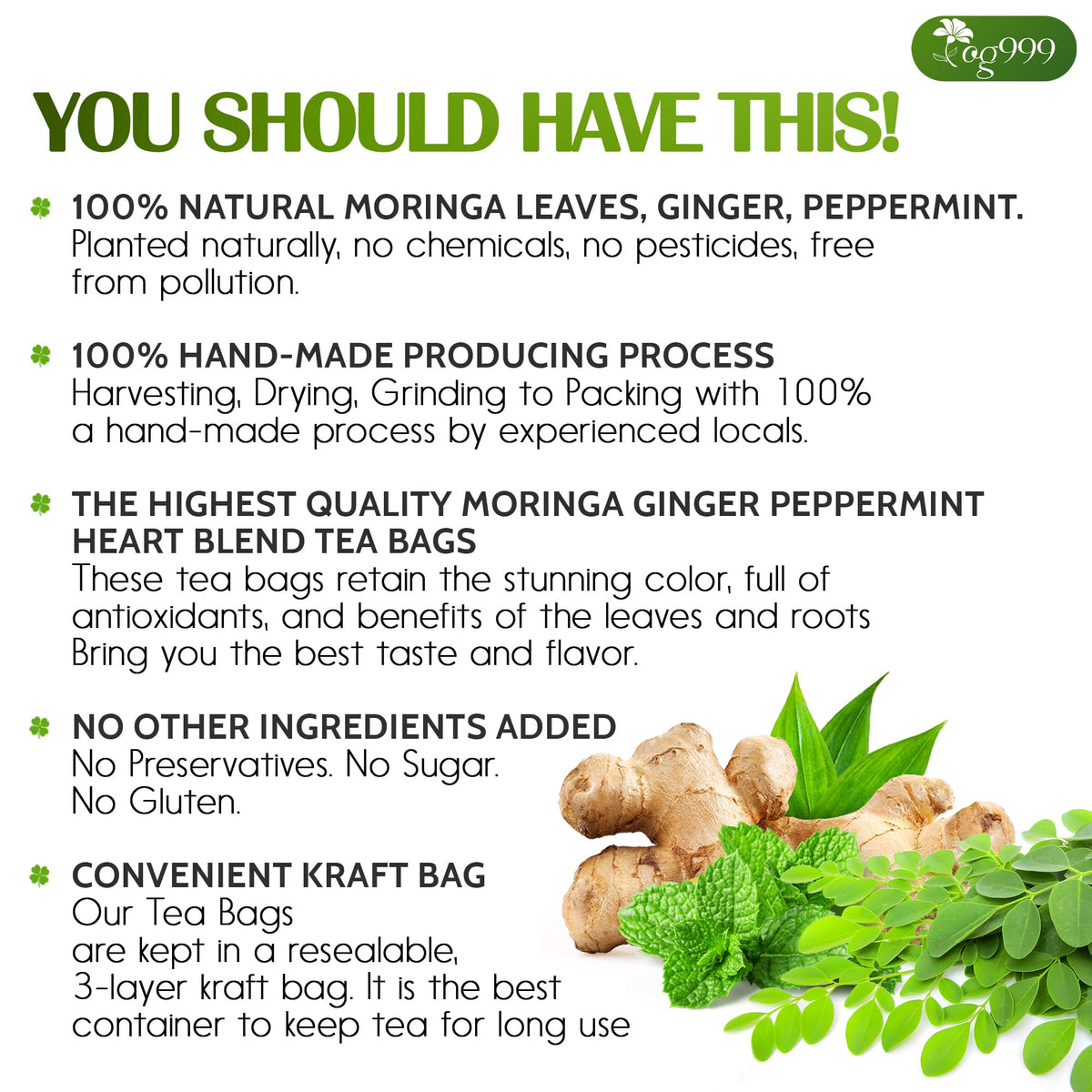 TOG999 herbal tea packaging closeup highlights eco-friendly, ethical sourcing.