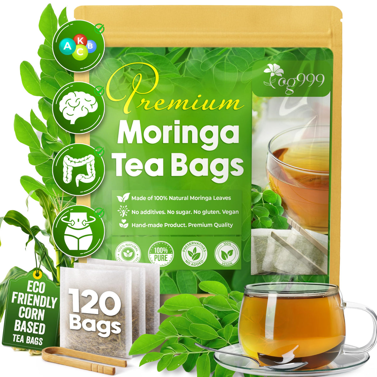 TOG999 moringa tea bags on white background, caffeine-free herbal beverage for daily wellness